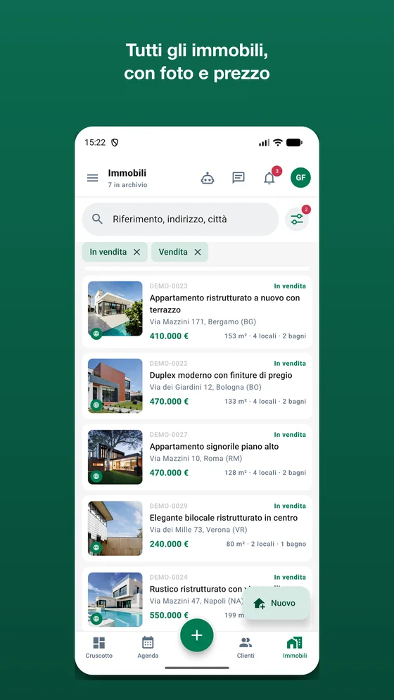 L'elenco degli immobili nell'app AgenziaSoft