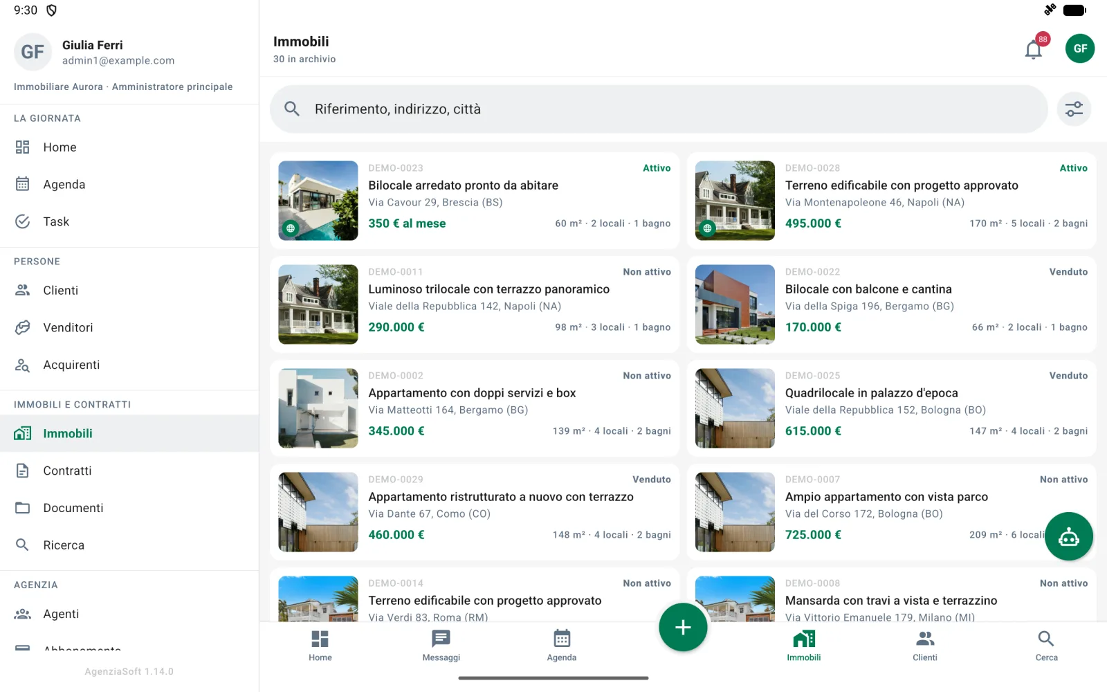 L'elenco degli immobili su due colonne nell'app AgenziaSoft per tablet